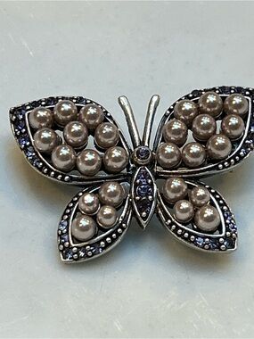 Vintage Silver Butterfly Brooch with Pearl Accents and Purple crystal Stones